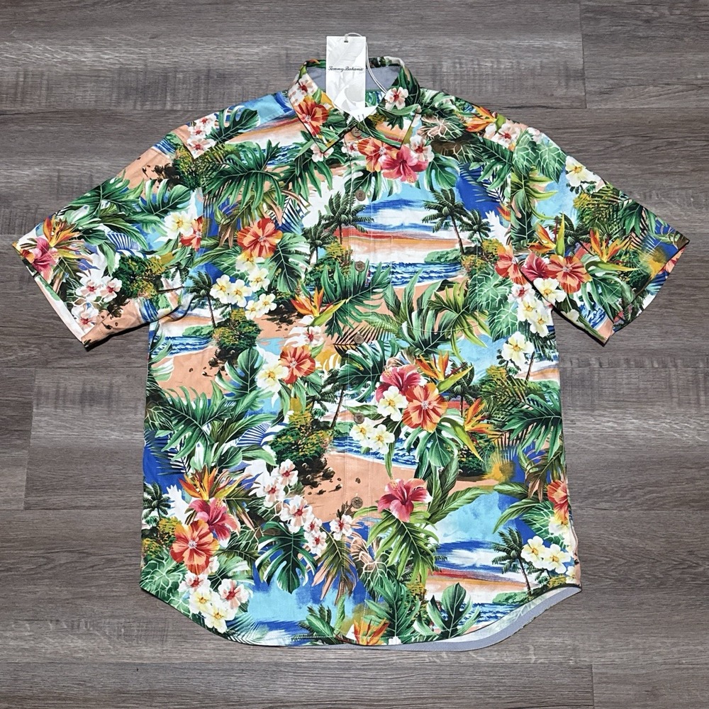 Tommy Bahama Surfside Sounds Hawaiian Shirt 100% Silk Scenic Floral Mens Small S